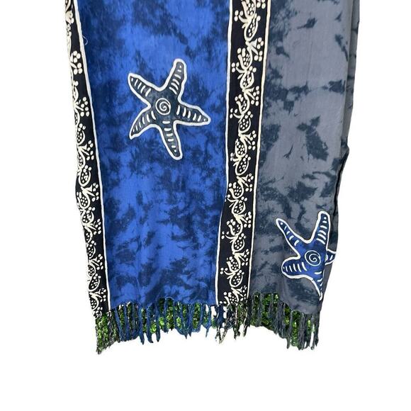 Rain Resort Wear Beach Cover-Up Size Medium Blue + Black with Fringe - Picture 9 of 10